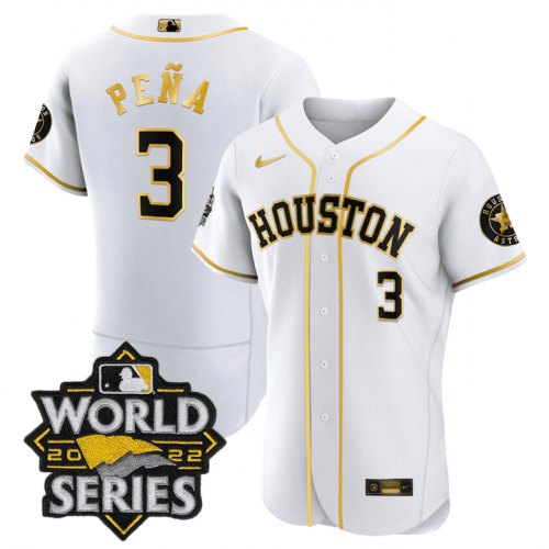 Men\'s Houston Astros #3 Jeremy Pena White Gold Stitched World Series Flex Base Jersey