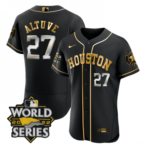 Men\'s Houston Astros #27 Jose Altuve Black Gold Stitched World Series Flex Base Jersey